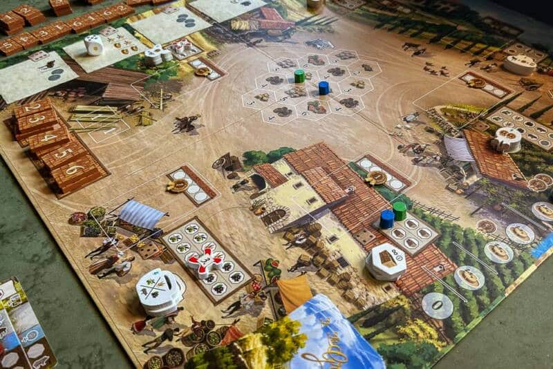 La Granja - Hauptspielplan mit dem Markplatz und den Einkommenswürfeln